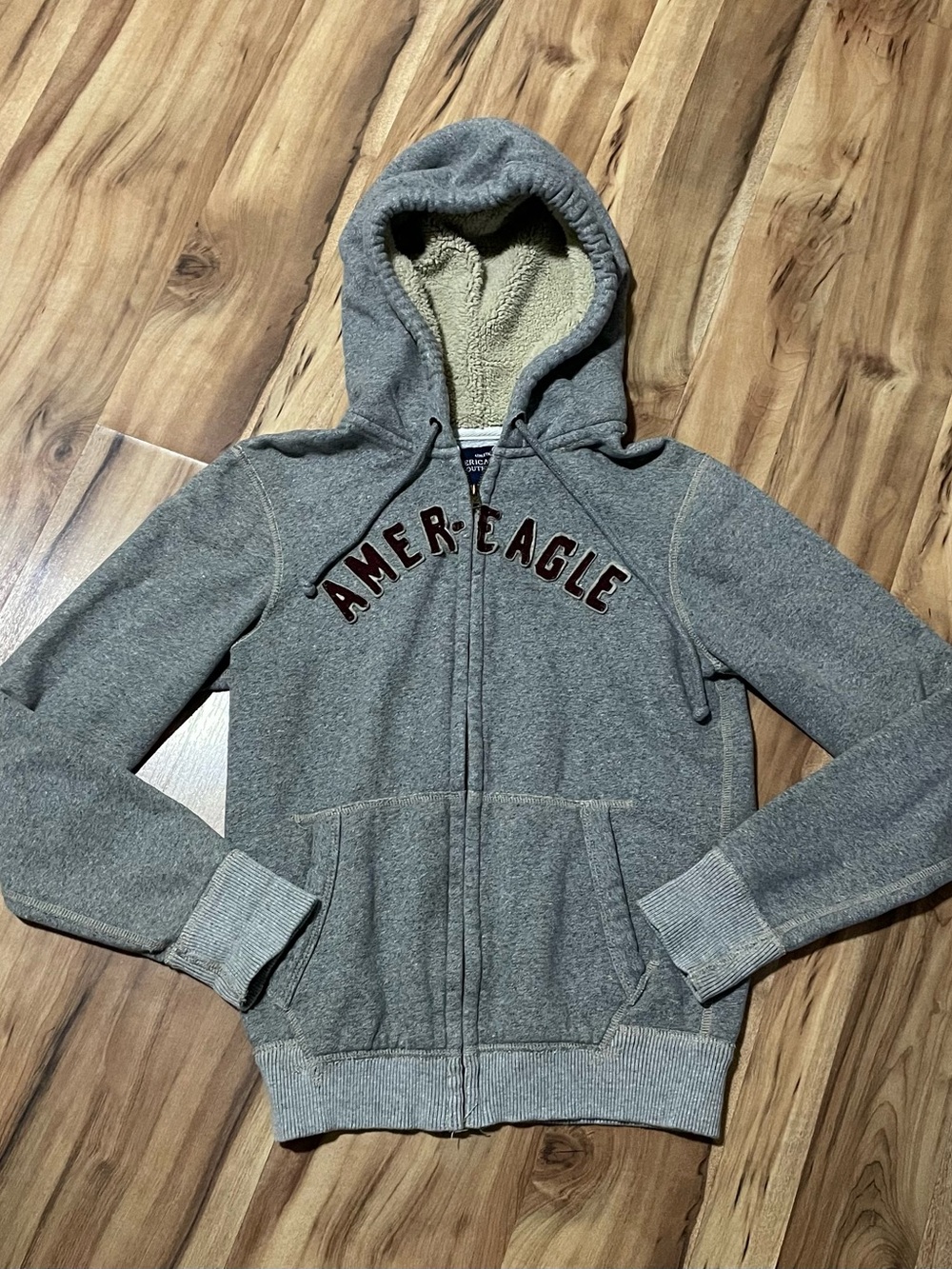 American Eagle 2013 Gray Sherpa Lined Athletic Fit Hood Zip Up Sweatshirt XS